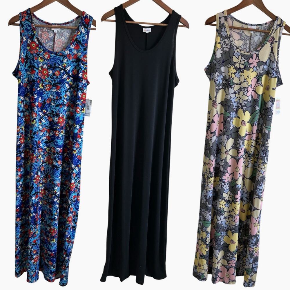 LuLaRoe Dani Maxi Dress Lot of 3 Womens XL NWT Floral Black Sleeveless Stretchy